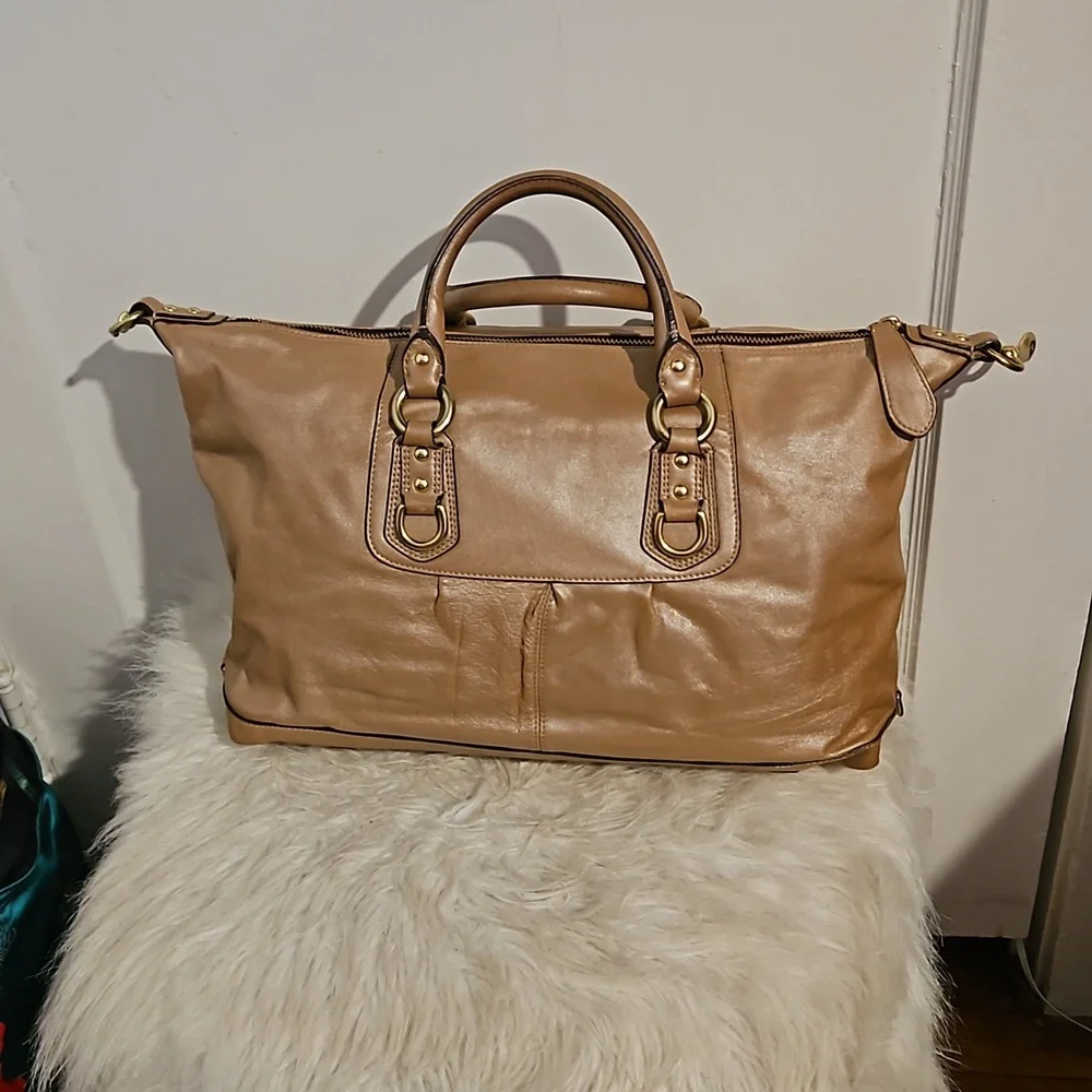 Coach Ashley Shimmery Tan Or Metallic Gold Bronze Leather Script Satchel F15447 - Picture 3 of 12